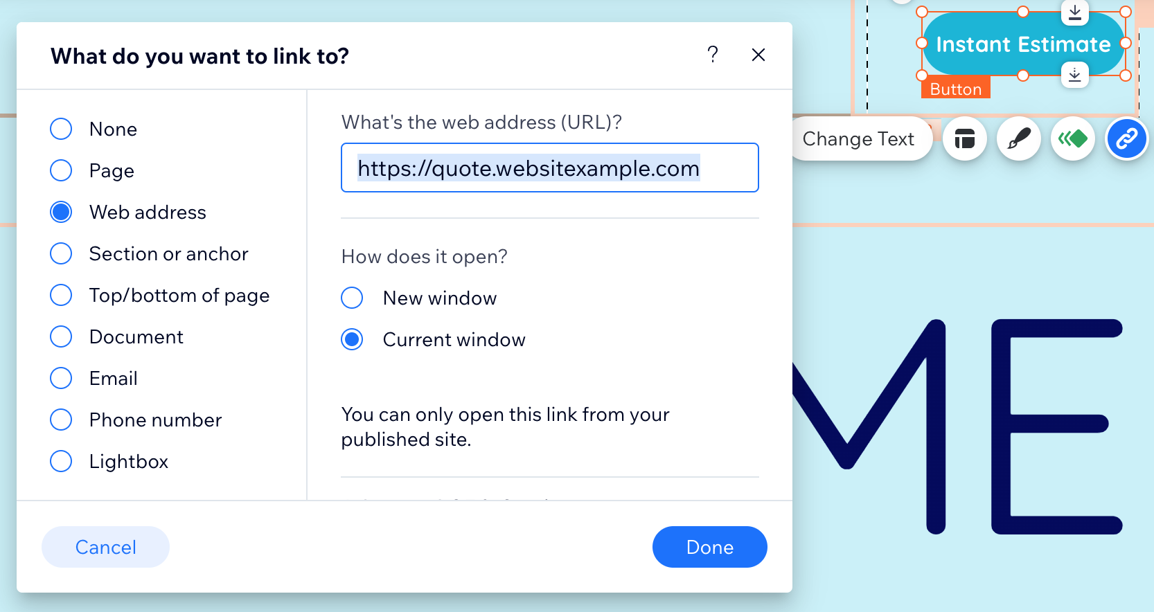 Add a link from your Wix website to your Estimate Calculator